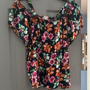 Floral Off-Shoulder Women's Top - Navy with Pink & Orange Flowers